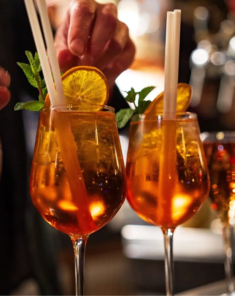 Two orange spritz garnished with dried orange and mint at the bar